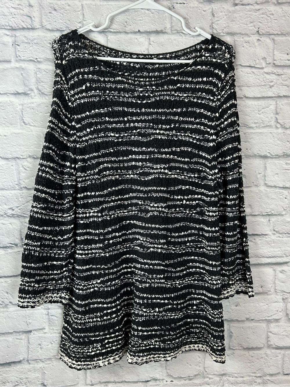 Eileen Fisher XL Black White Open Knit Cotton Tunic Sweater 3/4 Sleeve